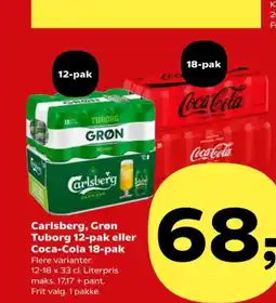 SuperBrugsen Carlsberg, Grøn Tuborg 12-pak eller Coca-Cola 18-pak tilbud