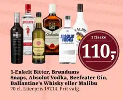 Dagli'Brugsen 1-Enkelt Bitter, Brøndums Snaps, Absolut Vodka, Beefeater Gin, Ballantine's Whisky eller Malibu tilbud