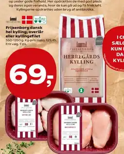 Kvickly Frijsenborg herregårds kylling (dansk hel kylling, overlår eller kyllingefilet) tilbud