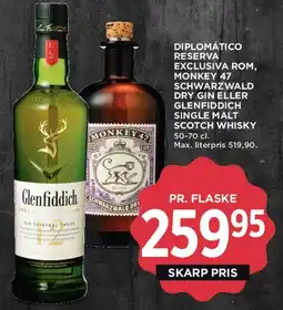 MENY Diplomático / Monkey 47 / Glenfiddich (udvalgte spiritus) tilbud