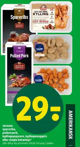 Coop 365 Jensens spareribs, pulled pork, kyllingepopcorn, kyllingenuggets eller stegte hotwings tilbud