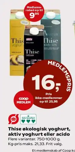 SuperBrugsen Thise økologisk yoghurt, aktiv yoghurt eller i Acido tilbud
