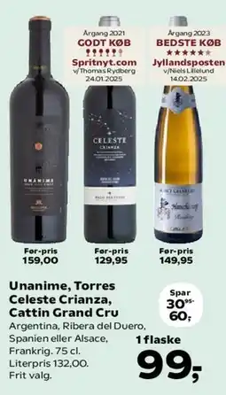SuperBrugsen Unanime / Torres Celeste Crianza / Catin Grand Cru tilbud