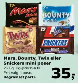 Kvickly Mars, Bounty, Twix eller Snickers mini poser tilbud