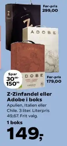 Kvickly Z‑Zinfandel eller Adobe i boks tilbud