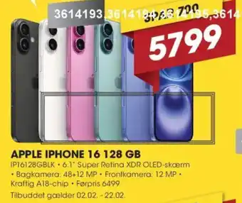 Apple Iphone 16 128 GB IP16128GBLK