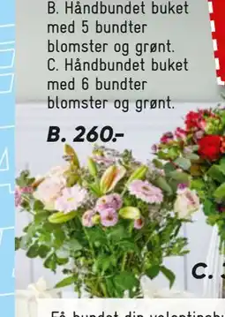 Bilka Håndbundet buket med 5 bundter blomster og grønt tilbud