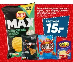 Popz mikrobølgeovns popcorn 3-pak, Lay’s, Bugles, Cheetos eller Doritos chips