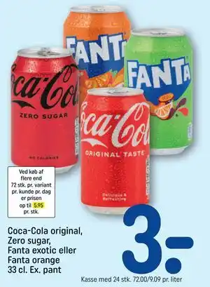 Coca-Cola original, Zero sugar, Fanta exotic eller Fanta orange 33 cl. Ex. pant