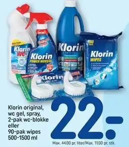 REMA 1000 Klorin original, wc gel, spray, 2-pak wc-blokke eller 90-pak wipes 500-1500 ml tilbud