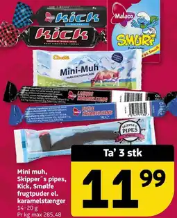 Løvbjerg Mini muh, Skipper's pipes, Kick, Smølfe frugtpuder el. karamelstænger tilbud