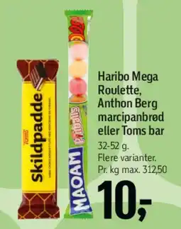 Føtex Haribo Mega Roulette, Anthon Berg marcipanbrød eller Toms bar tilbud