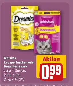 REWE DE Whiskas Knuspertaschen oder Dreamies Snack tilbud