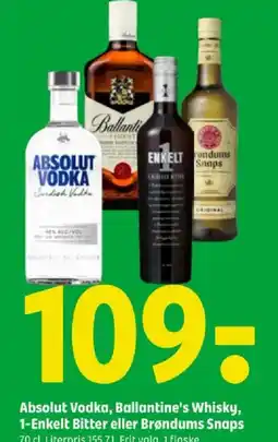 Coop 365 Absolut Vodka, Ballantine's Whisky, 1-Enkelt Bitter eller Brøndums Snaps tilbud