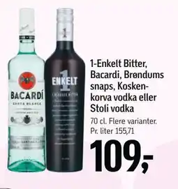 Føtex 1-Enkelt Bitter, Bacardi, Brøndums snaps, Koskenkorva vodka eller Stoli vodka tilbud