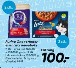 Bilka Purina One tørfoder eller Latz menuboks tilbud