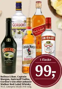 Dagli'Brugsen Baileys Likør, Captain Morgan, Smirnoff Vodka, Gordon's Gin eller Johnnie Walker Red Label Whisky tilbud