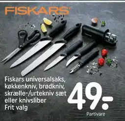 REMA 1000 Fiskars universalsaks, køkkenkniv, brødkniv, skrælle-/urtekniv sæt eller knivsliber Frit valg tilbud