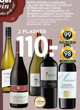 MENY 2 flasker 110:- (Peter Weinbach / Cellier des Princes / G7 Reserva / Scarantino) tilbud