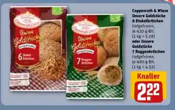 REWE DE Coppenrath & Wiese Unsere Goldstücke 6 Dinkelbrötchen oder Unsere Goldstücke 7 Roggenbrötchen tilbud