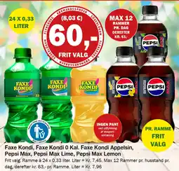 Købmandsgården Faxe Kondi, Faxe Kondi 0 Kal. Faxe Kondi Appelsin, Pepsi Max, Pepsi Max Lime, Pepsi Max Lemon tilbud