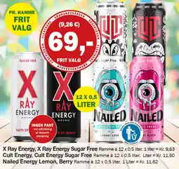 Købmandsgården X Ray Energy, X Ray Energy Sugar Free, Cult Energy, Cult Energy Sugar Free, Nailed Energy Lemon, Berry tilbud
