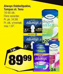 Calle Always Dobbeltpakke, Tampax el. Tena tilbud