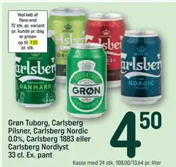 REMA 1000 Grøn Tuborg, Carlsberg Pilsner, Carlsberg Nordic 0.0%, Carlsberg 1883 eller Carlsberg Nordlyst Ex. pant tilbud