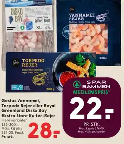 SPAR Gestus Vannamei, Torpedo Rejer eller Royal Greenland Disko Bay Ekstra Store Kutter-Rejer Flere varianter. tilbud
