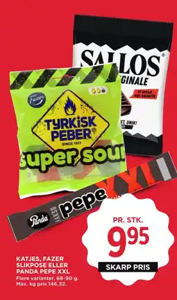 MENY Katjes, fazer slikpose eller panda pepe xxl tilbud