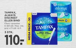 MENY Tampax, always discreet eller bind tilbud