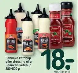 REMA 1000 Bähncke ketchup eller dressing eller Beauvais ketchup 380-500 g tilbud
