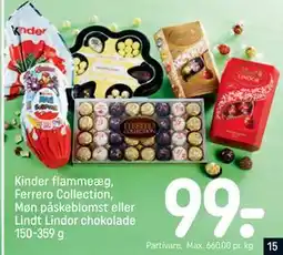 REMA 1000 Kinder flammeæg, Ferrero Collection, Møn påskeblomst eller Lindt Lindor chokolade 150-359 g tilbud