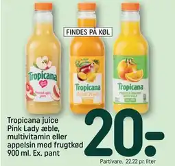 REMA 1000 Tropicana juice Pink Lady æble, multivitamin eller appelsin med frugtkød 900 ml. Ex. pant tilbud