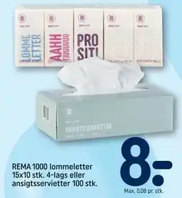 REMA 1000 REMA 1000 lommeletter 15x10 stk. 4-lags eller ansigtsservietter 100 stk tilbud