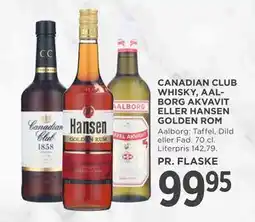 MENY CANADIAN CLUB WHISKY, AALBORG AKVAVIT ELLER HANSEN GOLDEN ROM tilbud