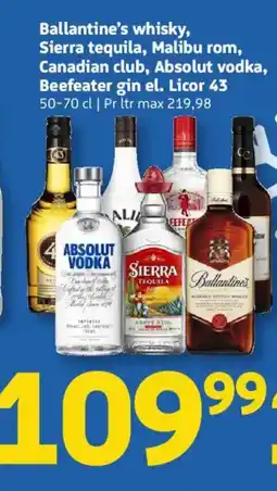 Løvbjerg Ballantine's whisky, Sierra tequila, Malibu rom, Canadian club, Absolut vodka, Beefeater gin el. Licor 43 tilbud