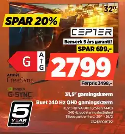 Power Cepter 31,5" gamingskærm buet 240 hz qhd gamingskærm tilbud