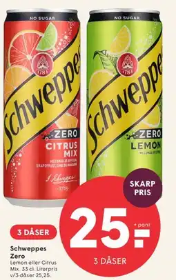 SPAR Schweppes Zero (Citrus / Lemon) tilbud