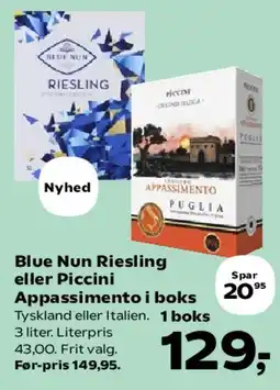 SuperBrugsen Blue Nun Riesling eller Piccini Appassimento i boks tilbud