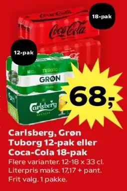 SuperBrugsen Carlsberg/Grøn Tuborg 12-pak eller Coca-Cola 18-pak tilbud