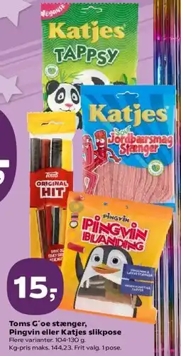 Kvickly Toms G'o stænger, Pingvin eller Katjes slikpose tilbud
