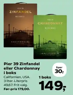 Kvickly Pier 39 Zinfandel eller Chardonnay i boks tilbud