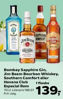 Kvickly Bombay Sapphire Gin, Jim Beam Bourbon Whiskey, Southern Comfort eller Havana Club Especial Rom tilbud