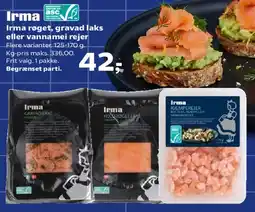 Kvickly Irma røget, gravad laks eller vannamei rejer tilbud