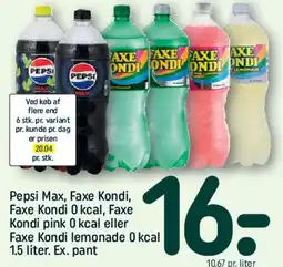 REMA 1000 Pepsi Max, Faxe Kondi og Faxe Kondi 0 kcal (1.5 liter) tilbud