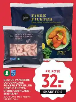 MENY Gestus panerede fiskefileter eller ekstra store grønlandske rejer tilbud