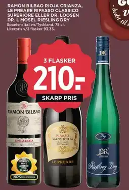 MENY 3 flasker - udvalgte (Ramón Bilbao, Le Préare Ripasso, Dr. Loosen) tilbud