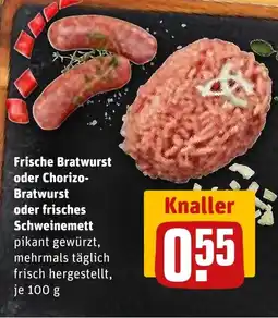 REWE DE Frische Bratwurst oder Chorizo- Bratwurst oder frisches Schweinemett tilbud