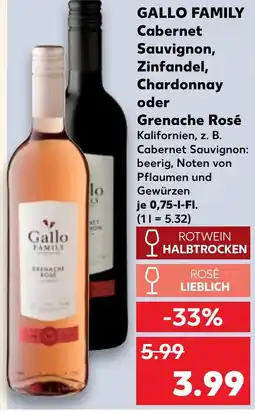 Kaufland DE GALLO FAMILY Cabernet Sauvignon, Zinfandel, Chardonnay oder Grenache Rosé tilbud